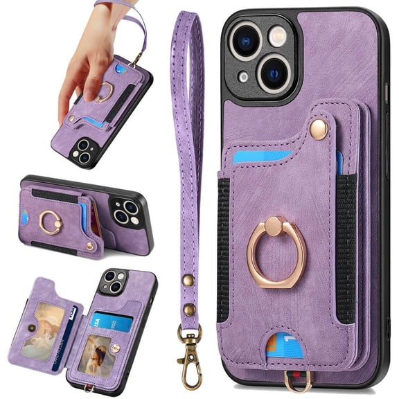 for iPhone 14 Case,Phone Case for iPhone 13,Card Holder Wallet,Ring Holder Stand,RFID-Blocking,Wrist Strap,Camera Protector,Leather Protective Magnetic Flip Cover for iPhone 13/14 (Purple)