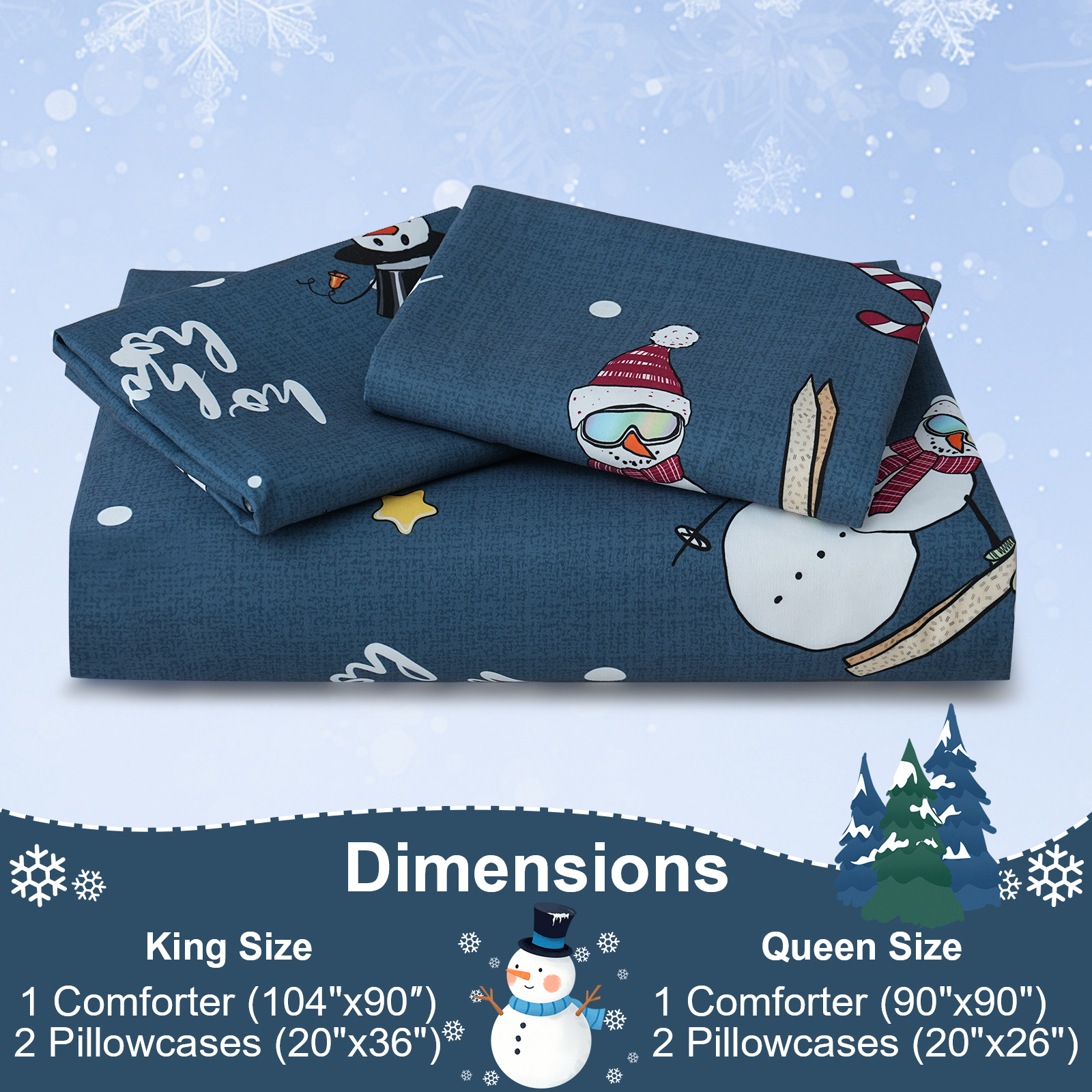 BLEUM CADE Duvet Cover and Pillow Covers Christmas Snowman Duvet 3 Piece Bedroom Set Blue Background and White Snowman Printed