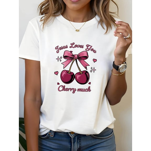 Jesus Loves You Cherry Much Pink Bow Cherry Heart Star Print Crew Neck Short Sleeve Casual T-Shirt