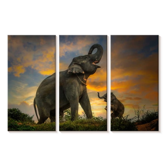 Elephant Stock Elephant Herd Call Wall Art - Horizontal Multi Panel Canvas - Hallway Wall Decor - Animal Multi Panel - Brown And Black Decor - 23" x 14"