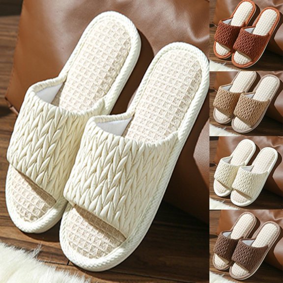 Puntoco Womens House Slippers Summer Open Toe Tatami Straw Men's Indoor Shoes,Bedroom Linen Lightweight Slip Silent Slippers White 40