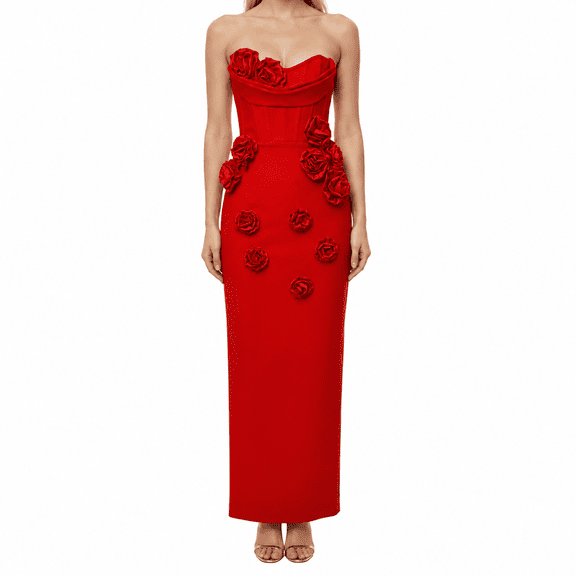 Women Strapless 3D Floral Applique Bodycon Maxi Dress Rosette Formal Party Evening Dress Red