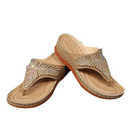 

PU Leather Soft Footbed Orthopedic Arch-Support Sandals for Women Rhinestone Wedge Flip Flops Summer Beach Supply 43 Khaki