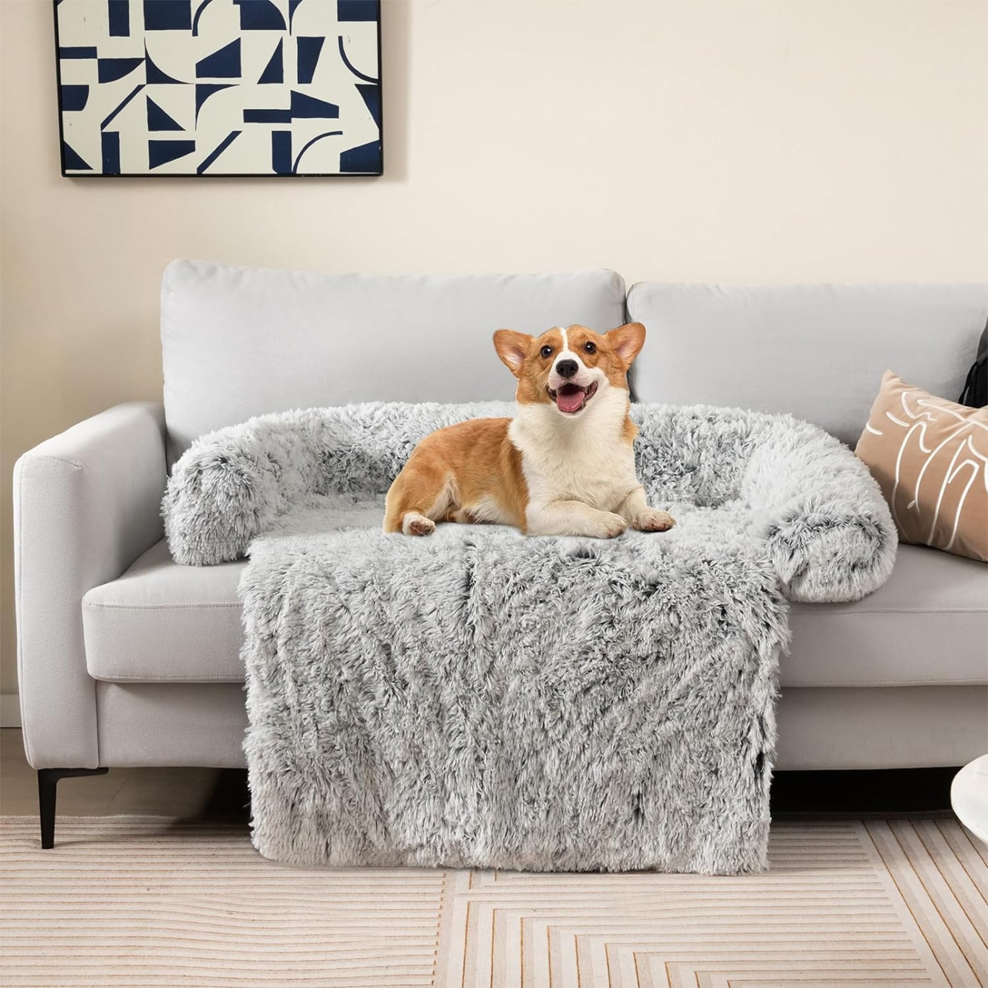 Kadyn 47" Plush Long Fur Dog Couch Bed, Dog Bed Mats with Anti-Slip Bottom, Washable Removable Couch Cover, Perfect for Medium and Large Dogs Cats, Gray-L