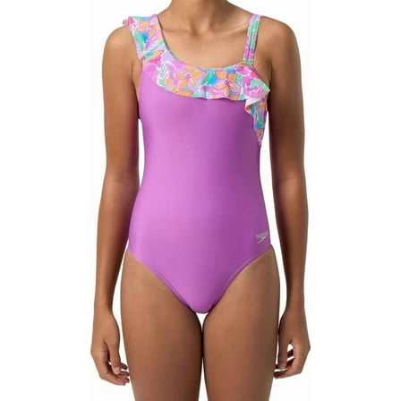 Speedo Girls Asymmetrical Ruffle One Piece Swimsuit (US, Alpha, Large, Regular, Floral Orchid)