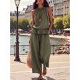 thumbnail image 4 of Women's Linen 2 Piece Outfits Sleeveless Ruffle Top Wide Leg Pants Summer Loungewear Beach Sets Green L, 4 of 8