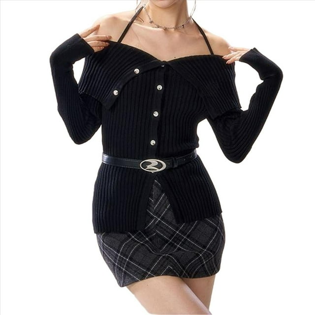 Suéter de Punto Acanalado Asimétrico para Mujer, Informal, Liso, Ajustado, de Larga. Negro Talla Única