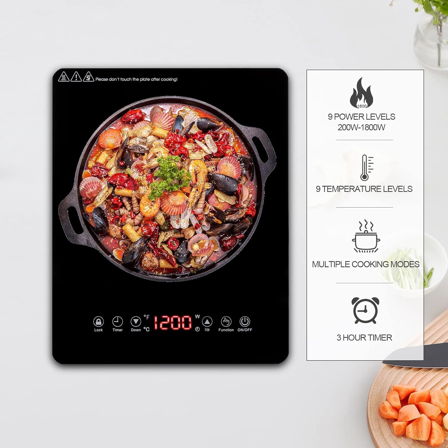 1800W Sensor Touch Single Electric Cooktops Countertop Stove With 9 Temperature Power Levels, 3-hour Timer, Safety Lock Induction Cooktop Portable Induction Cooktop With Ultra Thin Body