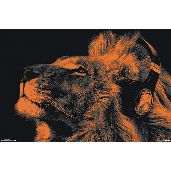 Lion With Headphones Wall Poster, 22.375" x 34"
