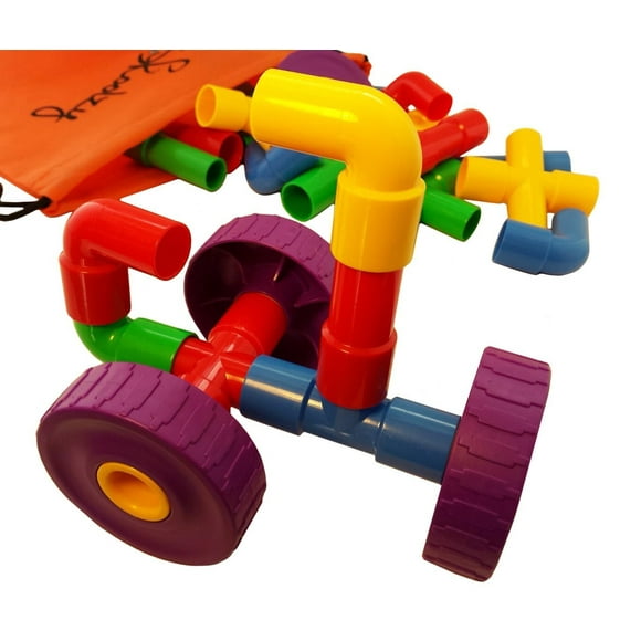 Skoolzy STEM Learning Pipe Tube 29 Piece Toys_and_Games Set, Educational Construction Building Blocks for ADHD & Autism for Baby, Kid Includes Wheels Pipes Joints and eBook