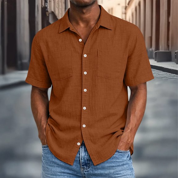 COSFO Men's Button Down Short Sleeve Shirts Summer Faux Cotton Linen Shirts with Pocket Regular Fit Solid Casual Collared Tops