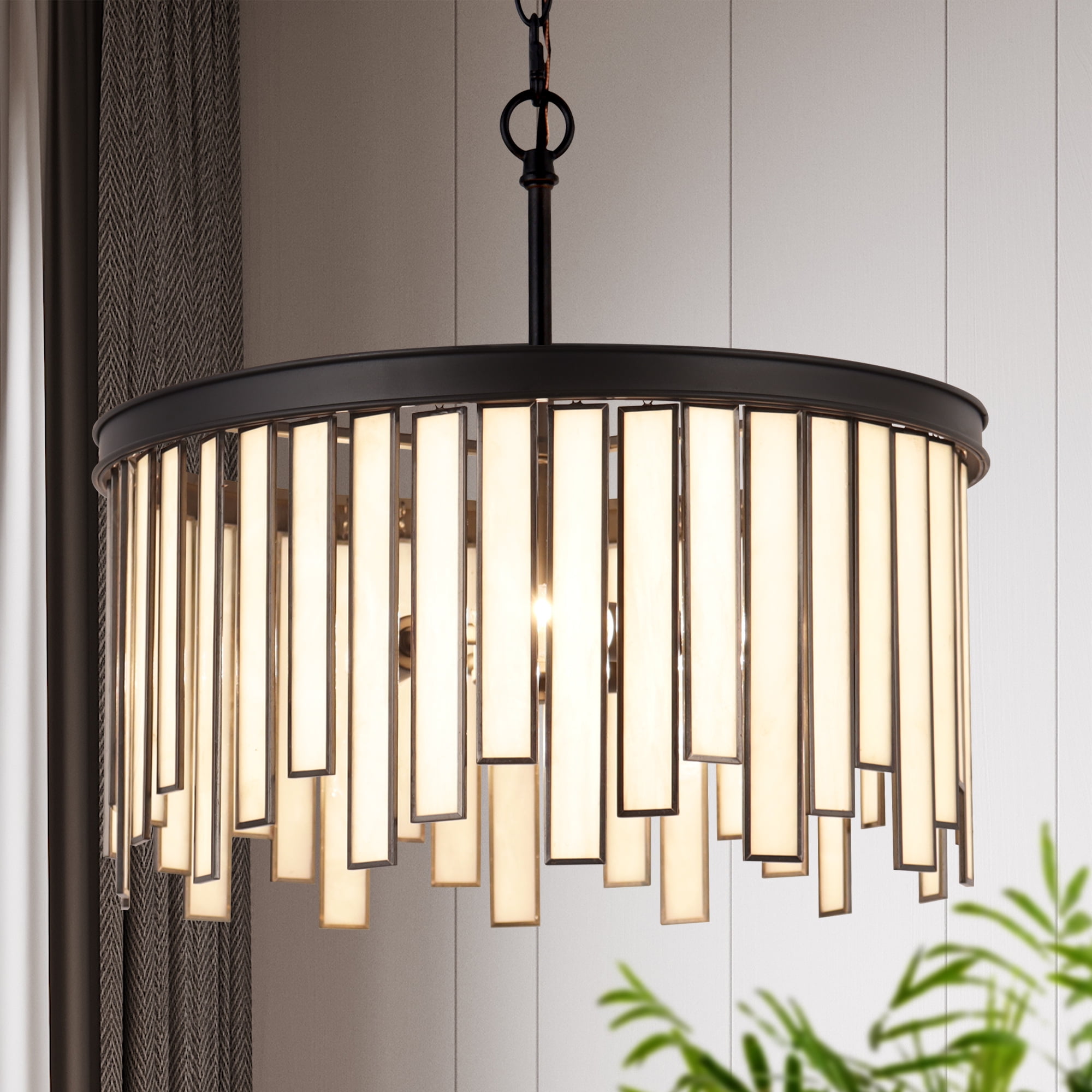 LNC Hemaaolay 3-Light Matte Black and Gold, Tiffany Art Glass Drum Pendant Light