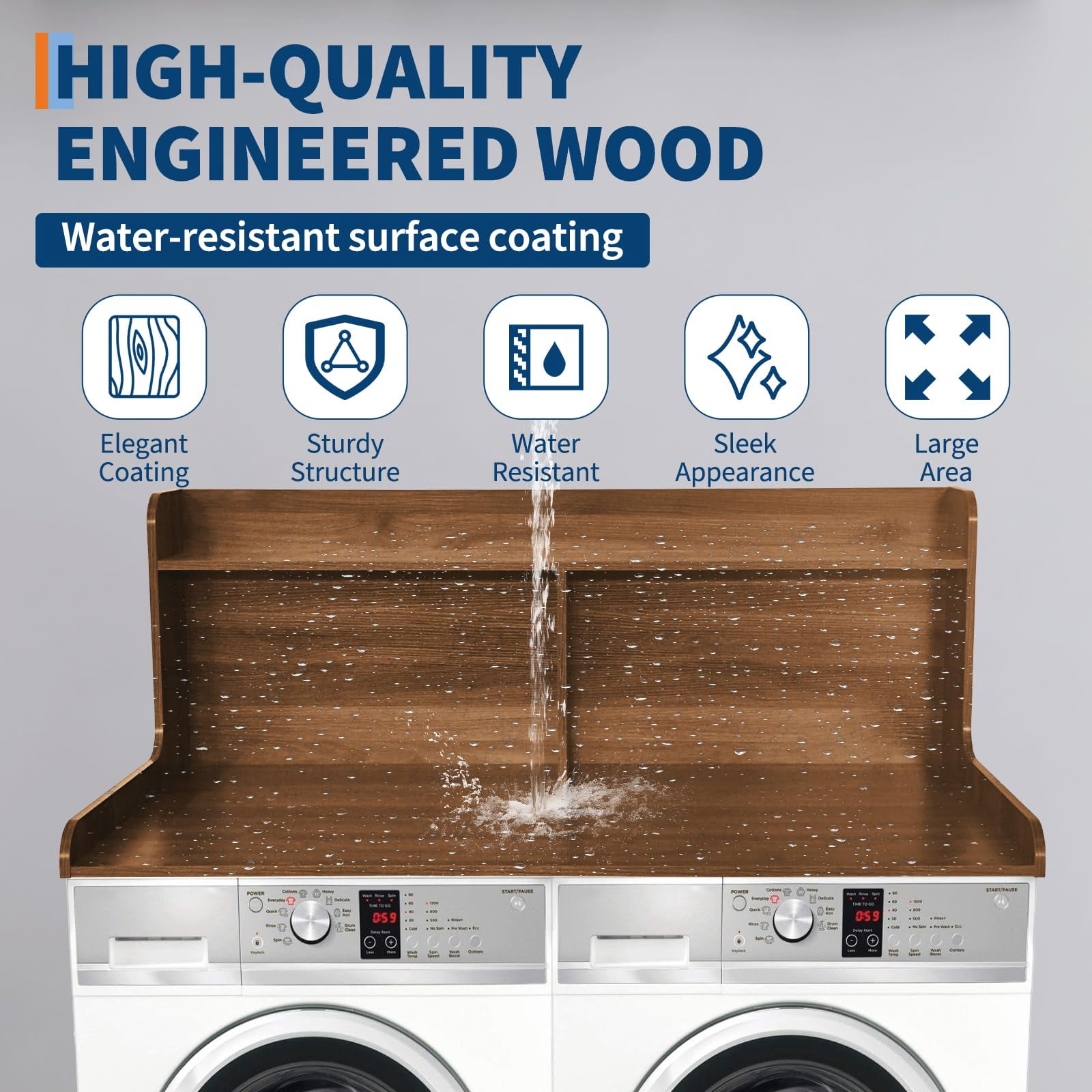 Huisuilinss 2-Tier Washer Dryer Countertop,Waterproof Washer Dryer Cover,Wood Laundry Countertop Cover With Edge Rails,Anti-Slip Pads,Laundry Topper For Folding Clothes Over Washer And Dryer