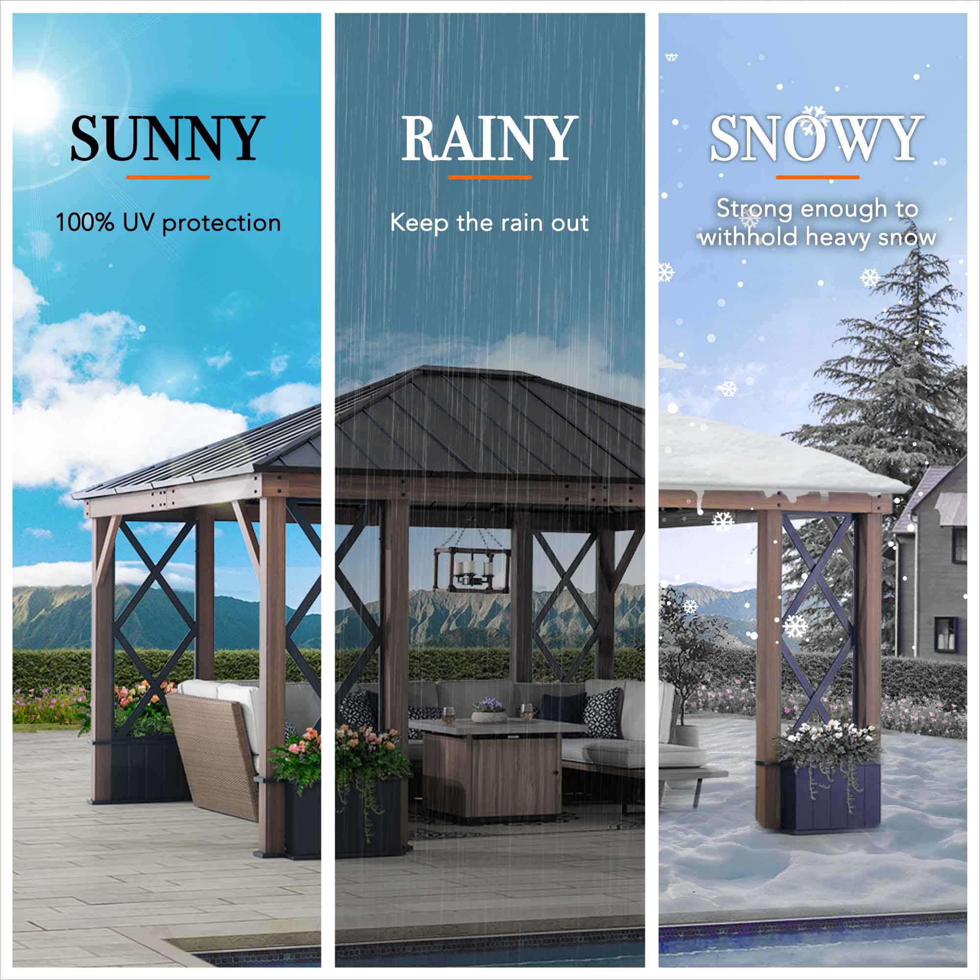 Sunjoy 13 ft. x 15 ft. Hardtop Gazebo, Outdoor Black Steel Roof Gazebo Aluminum Framed Gazebo with Planters and Ceiling Hook for Patio, Garden, and Backyard Activities