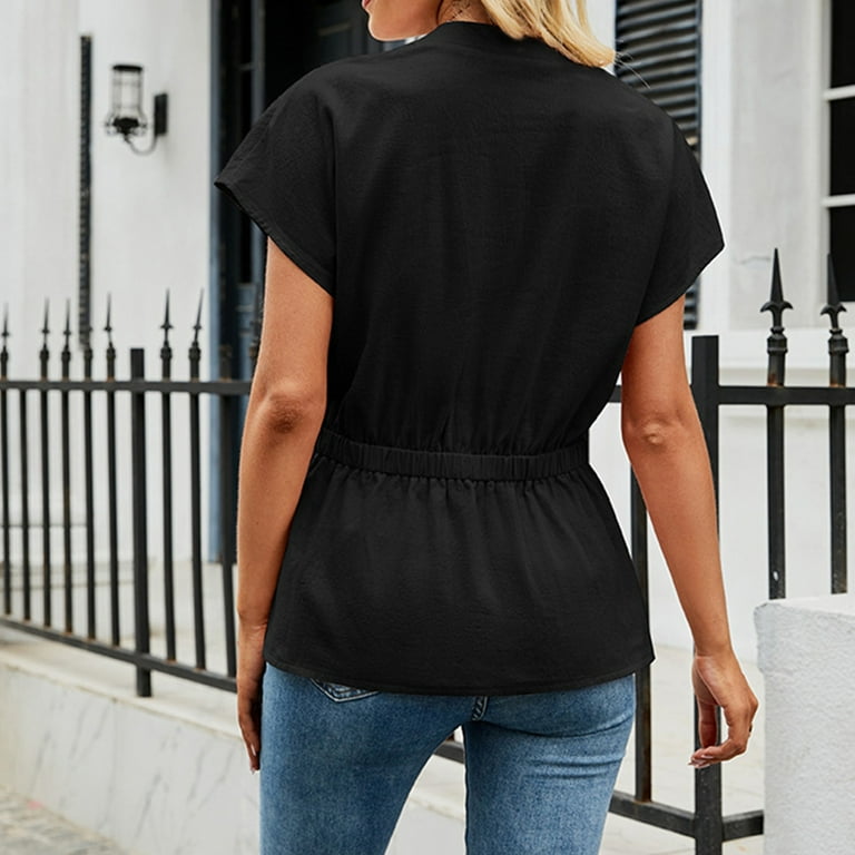 Women's Wrap Peplum Top Blouse Tie Waist Short Sleeve Solid