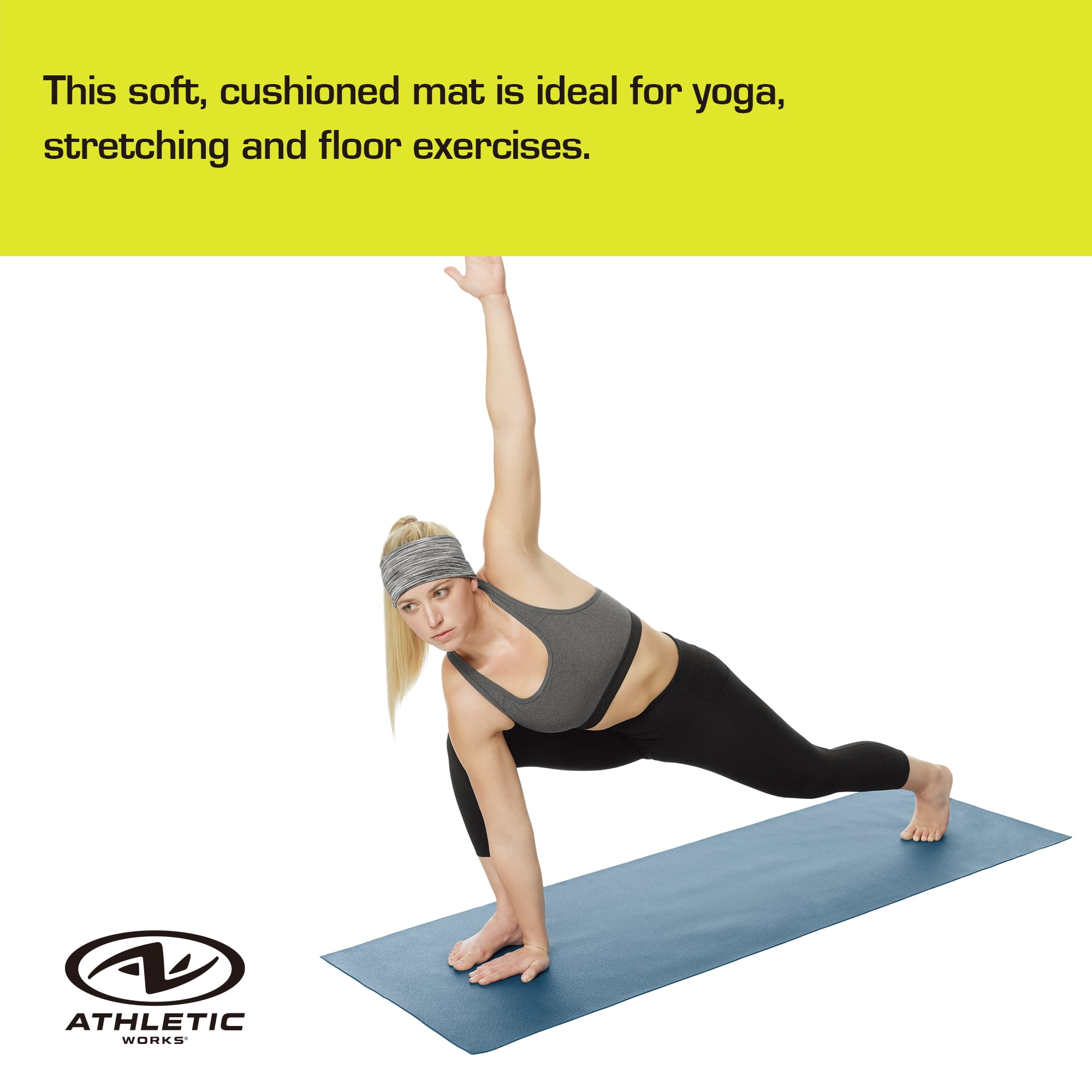 Athletic Works PVC Yoga Mat, 3mm, Real Teal, 68inx24in, Non Slip, Cushioning for Support and Stability