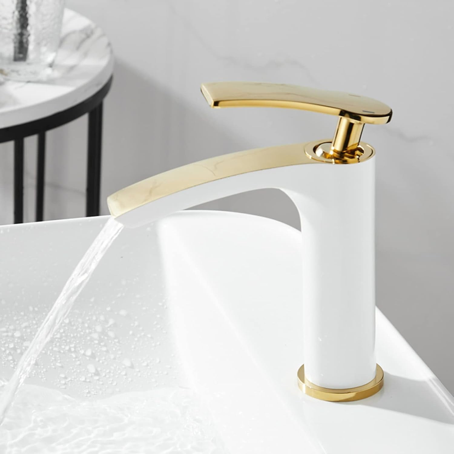 Waterfall Bathroom Faucet, Brass Faucet Bathroom, Hot and Cold Water Mixer Tap, Single Handle Waterfall Bathroom Sink Faucets White Gold, Short