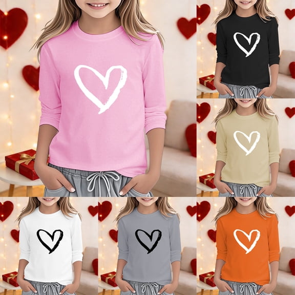 LRen Long Sleeve Shirts for Girls Valentine Heart Print Casual 3/4 Lenght Sleeve Crewneck Basic Tops Loose Comfy Soft Preppy Back To School Tunic Blouse