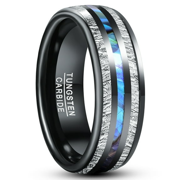 8mm Black Tungsten Rings with Abalone Shell Imitated Meteorite Inlay Wedding Bands