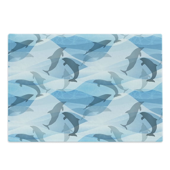 Sea Animals Cutting Board, Dolphin Fish Pattern Silhouette Under the Sea Waves in Contemporary Design, Decorative Tempered Glass Cutting and Serving Board, Large Size, Blue and Grey, by Ambesonne