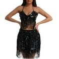thumbnail image 2 of Two Piece Skirt Set Belly Dance Performance Jazz Sleeveless Solid Tassel Top Skirt Suit Womens Summer Outfits Black L, 2 of 4