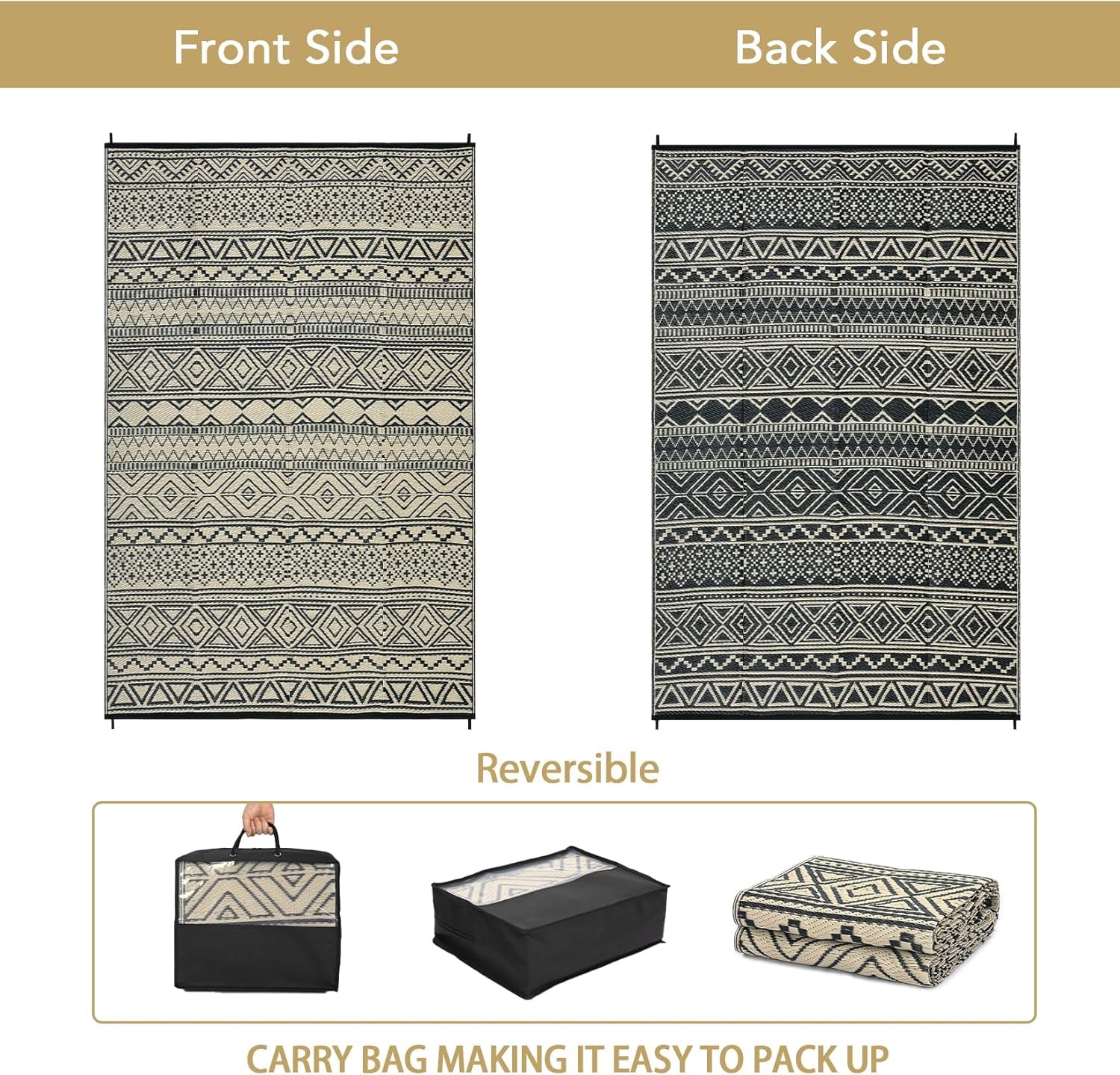 Twister.CK 9' x 12' Plastic Outdoor Rugs, Waterproof Bohemia Straw Rug Reversible Outside Carpet for Patio Deck Porch Backyard Camping Picnic Beach, Black & Brown