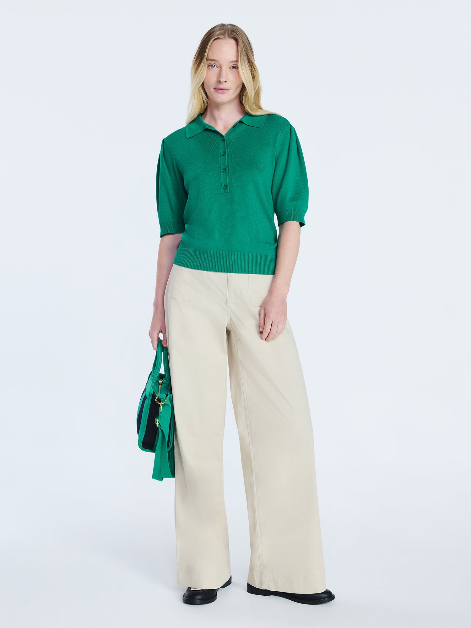 Free Assembly Women's and Women's Plus Collared Sweater Tee with Puff Sleeves, Lightweight, Sizes XS-4X
