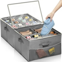 2 Pack Shoes Organizer for Closet Dayooh Foldable Oxford Storage Bins with Clear Cover Adjustable Dividers,Fits 16 Pairs, Gray