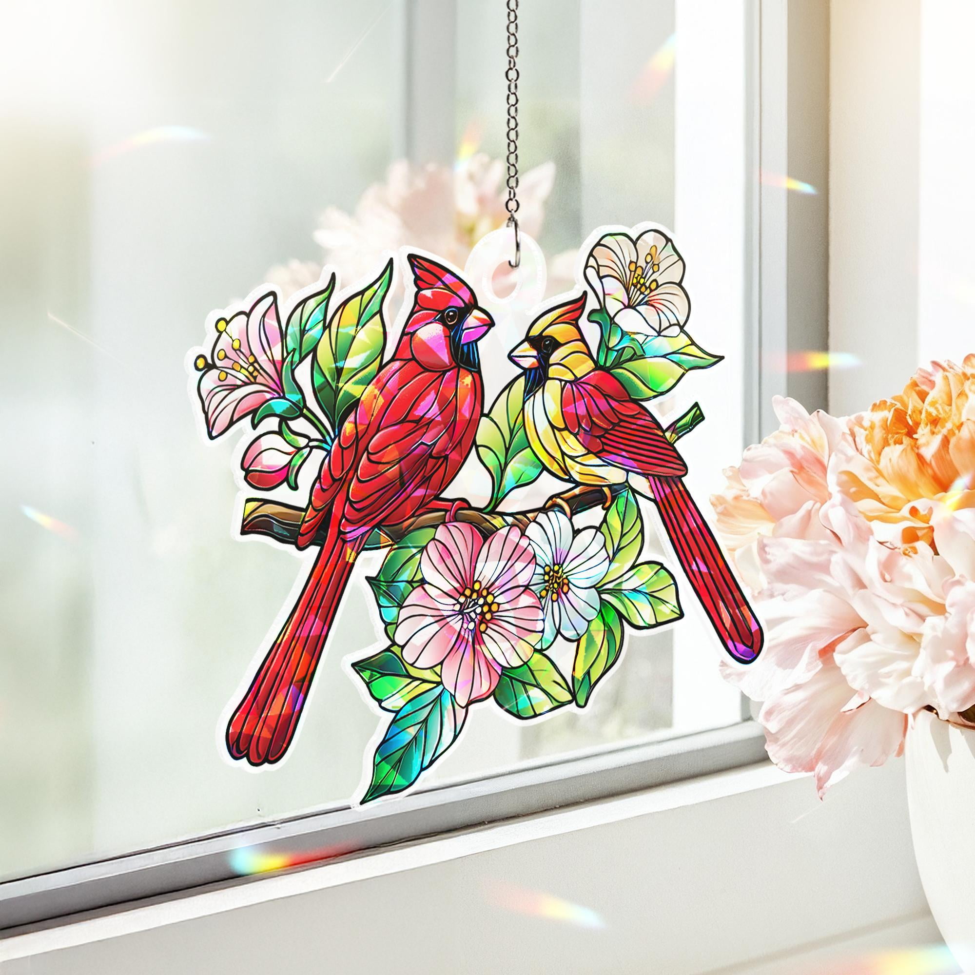 Lotusprinthandmade Cardinal Bird Custom Shape Broken Glass Hologram Ornament 3.5in, vibrant cardinal holographic ornament, cardinal hologram piece