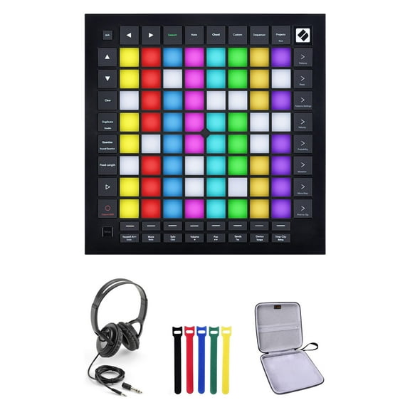 Novation Launchpad Pro MK3 64-Pad MIDI Grid Controller w/ Built-in 4-Track Sequencer for Studio & Live Performance W/ Over Ear Audio Headphones, Waith Hard Case & Reusable Fastening Cable Ties Bundle