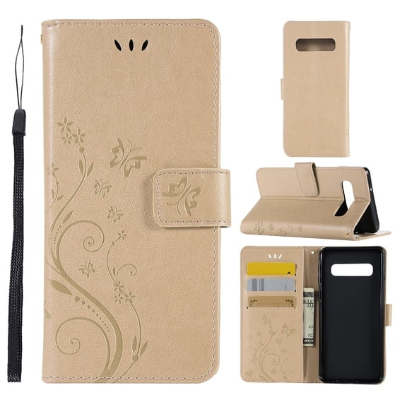 S10 Plus Case, Samsung Galaxy S10 Plus Case - Allytech Premium Wallet PU Leather with Fashion Embossed Flower Magnetic Clasp Card Holders Flip Cover with Hand Strap, Gold