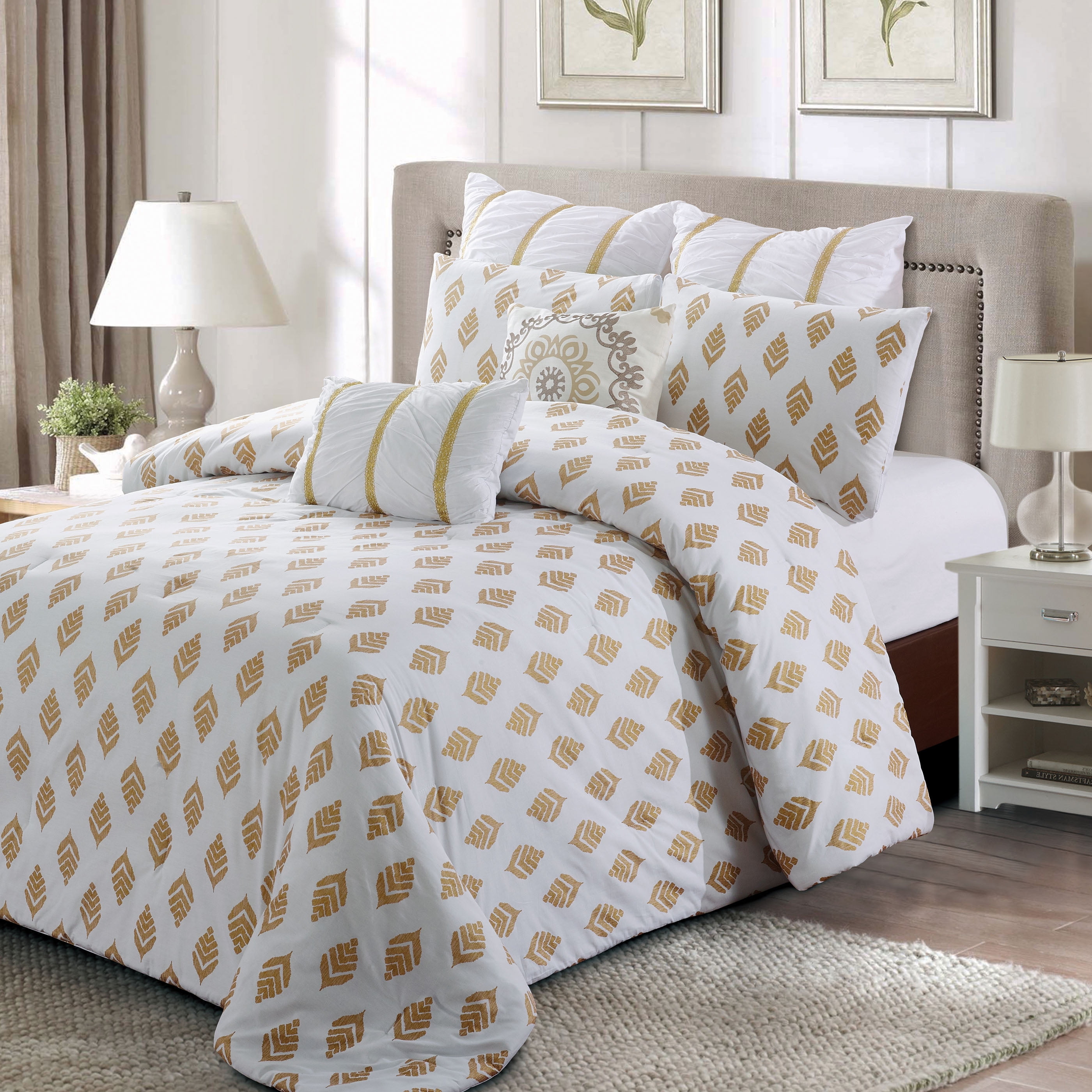 Gold Leaf 7pc Comforter Set - Abstract Gold Leaves Pattern - Machine