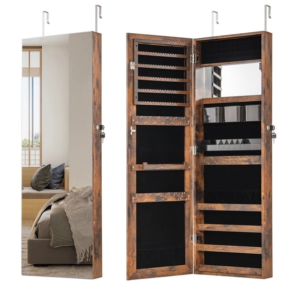 Giantex 43.5" Jewelry Mirror Cabinet, Wall/Door Mounted Jewelry Cabinet, Full-Length Mirror Armoire, Rustic Brown