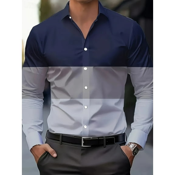 Men's Color Block Long Sleeve Shirt Casual Button Down Shirts Wrinkle Free Dress Shirt Blue XL