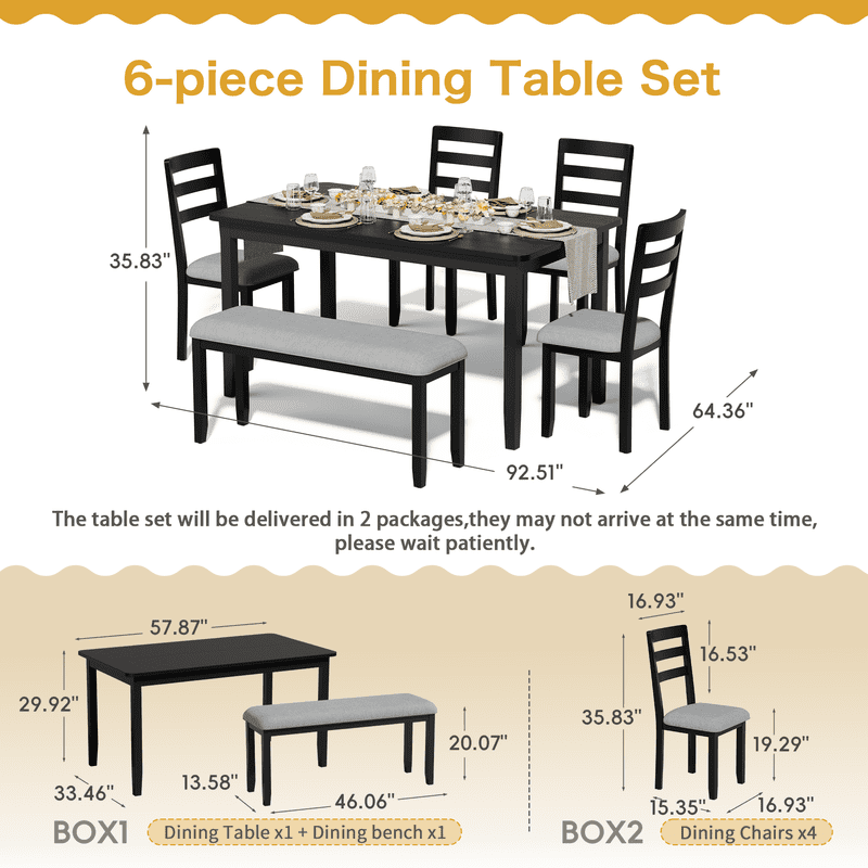 Lacoo Modern Simple Solid Wood Dining Table Set 6-Piece, 1 Table 4 Chairs 1 Bench, Kitchen Dining Room Furniture Set, Multiple Colors Available