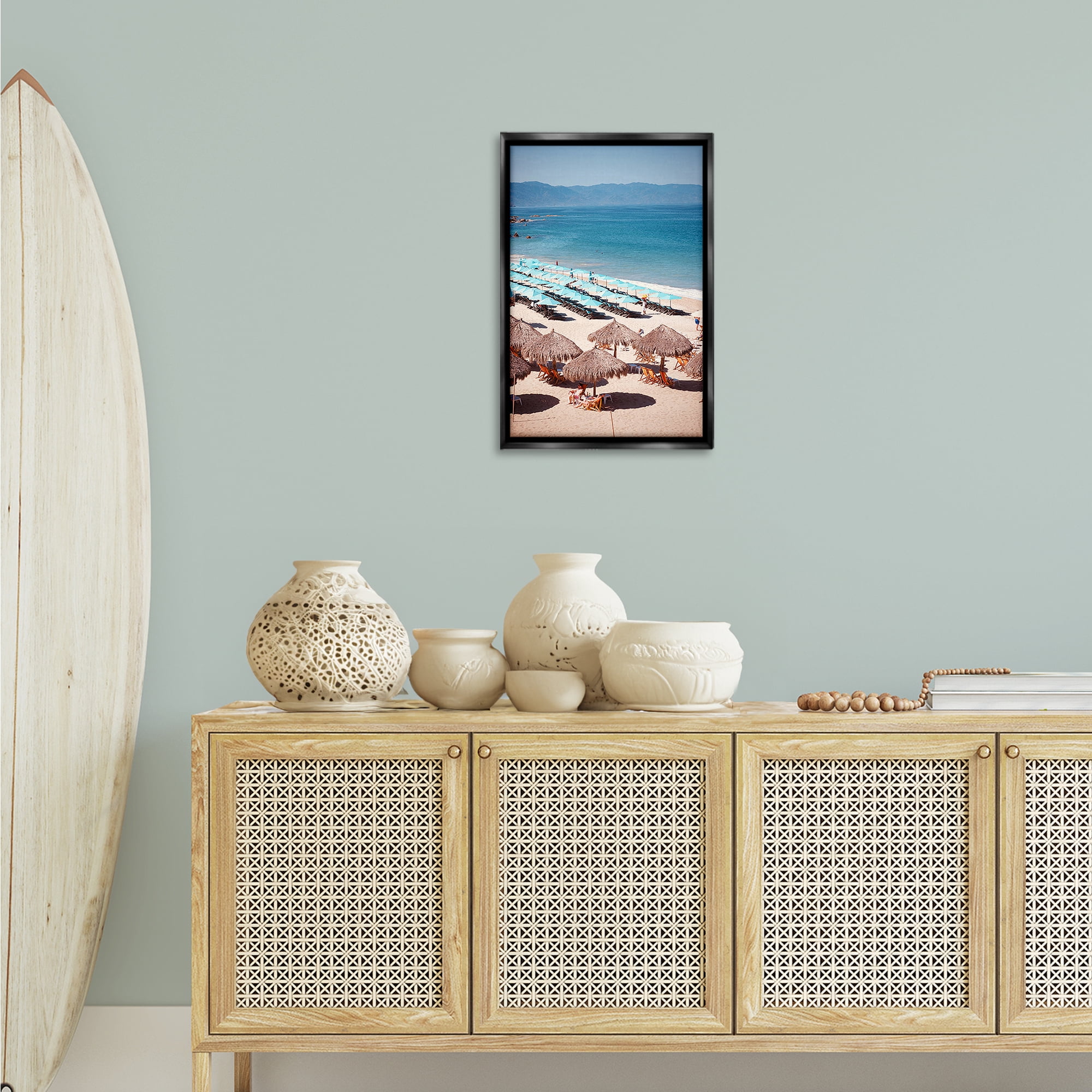 Stupell Industries Beach Canopies View Nautical & Beach Photography Black Floater Framed Canvas Art Print Wall Art, 17 x 25