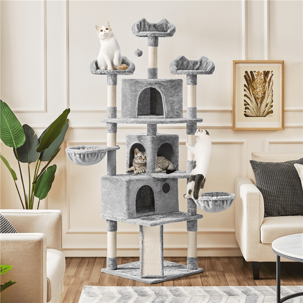 Alden Design 76.5"H Large Cat Tree Tower with 3 Condos Cozy Perches Dangling Ball, Light Gray