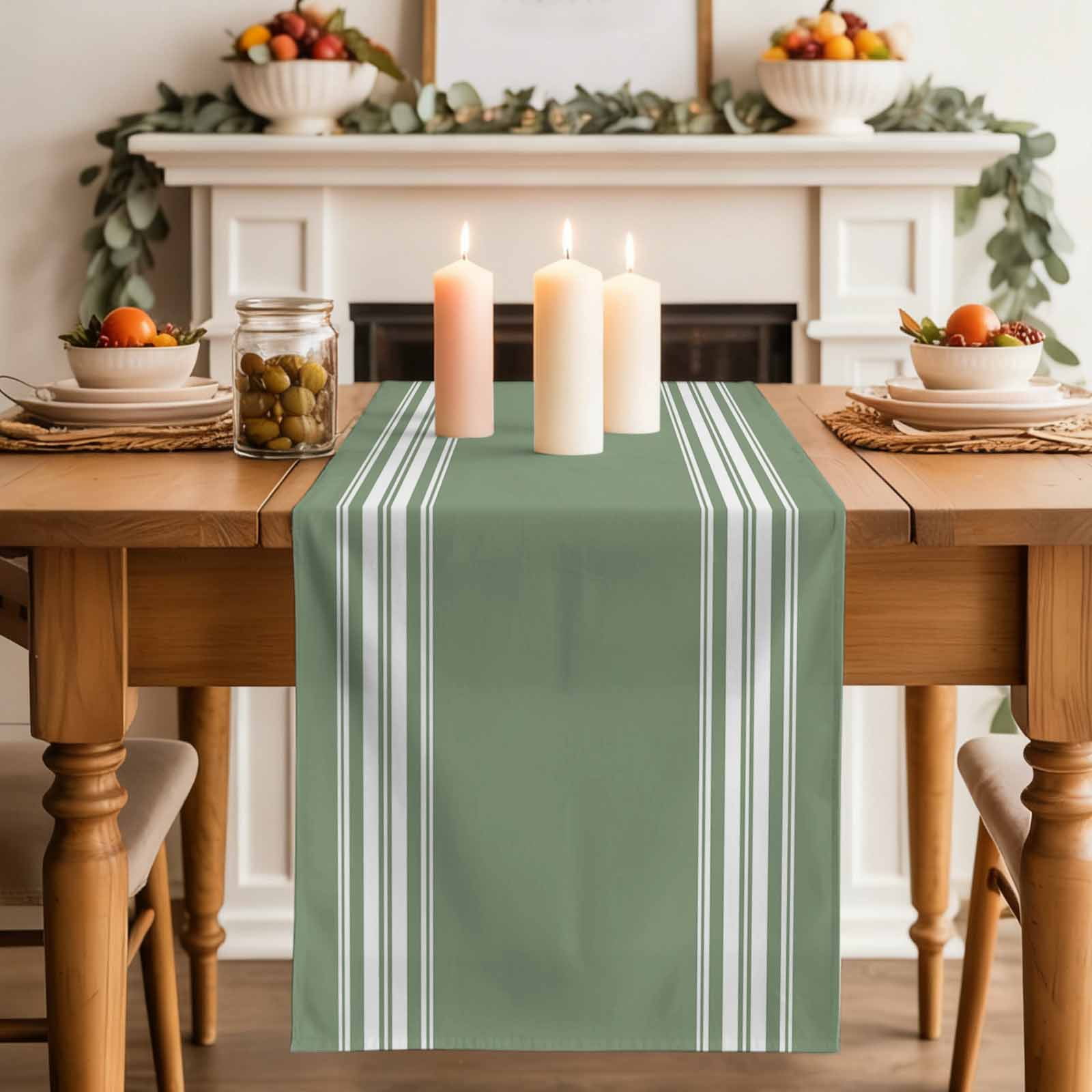 Dark Sage Green Table Runner, Farmhouse Sage Green White Striped Washable Cotton Linen Table Runners 60 Inches Long, Dresser Scarf Runner for Coffee/TV Stands/Kitchen/Cabinets 13''x60''