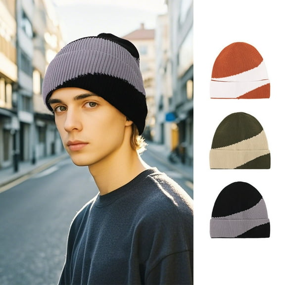 Nmnitkp Unisex Reversible Knitted Beanie Hat for Men Women Warm Winter Striped Beanies Warmth Beanie Cap Gray
