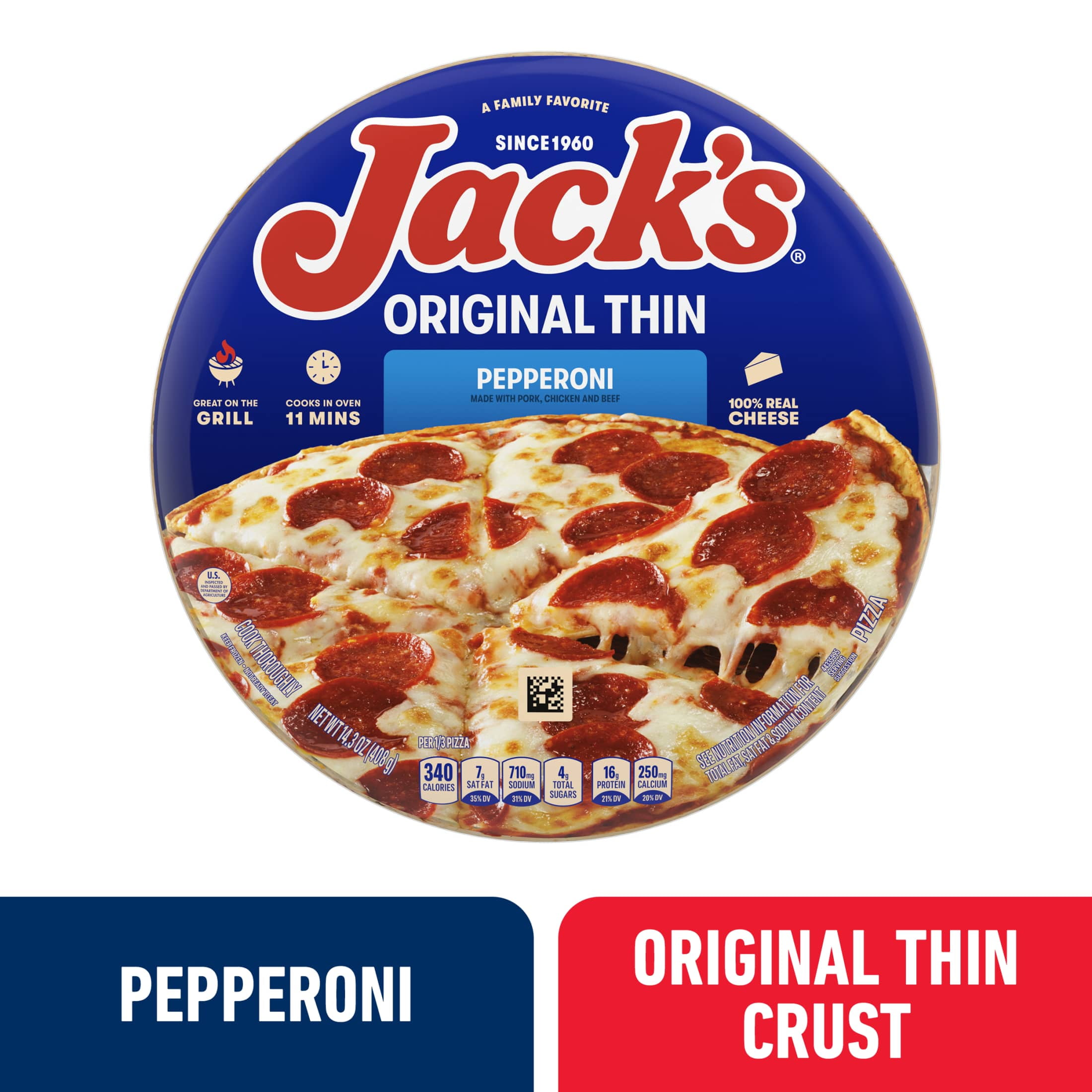 Jack's Frozen Meat Pizza, Pepperoni and Cheese, Original Thin Crust Pizza for Grilling, 14.3 oz (Frozen)