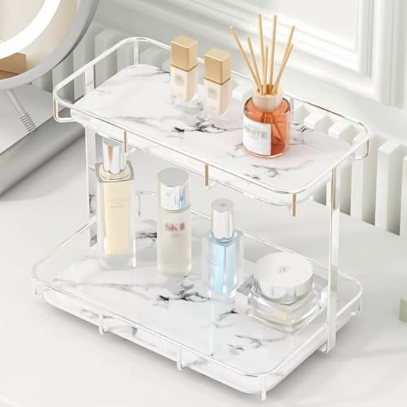 Bathroom Organizer Countertop Perfume Organizer Makeup Organizer Cosmetics Storage Display Rack Vanity Tray Dresser Stainless Steel Gold Shelf White Marble Ceramic Tray