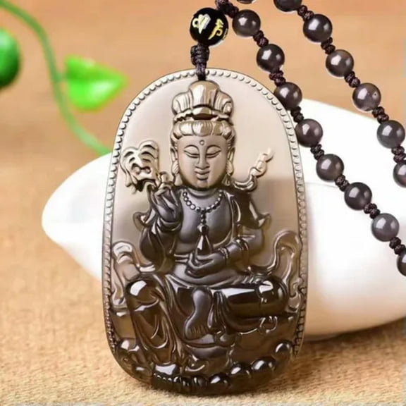 GAVONO Chinese Hand-Carved Kwan-Yin Grade A Natural Icy Obsidian Jade Gems Pendant