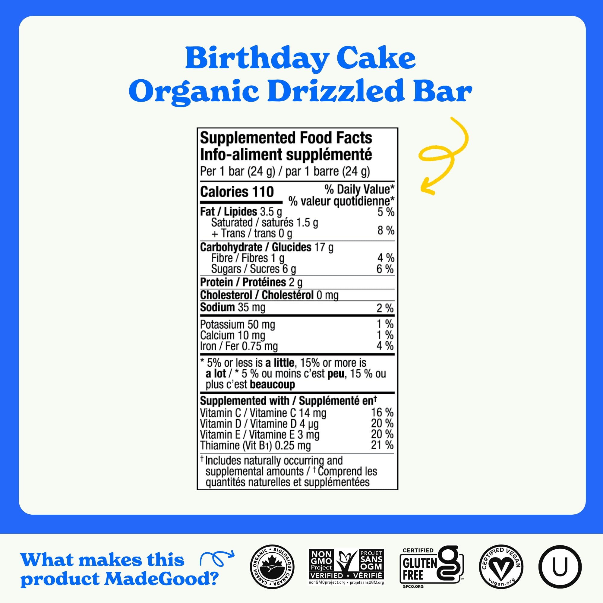 MadeGood Chocolate Drizzled Birthday Cake Bar 15ct, MG Birthday Cake Granola Bars VP