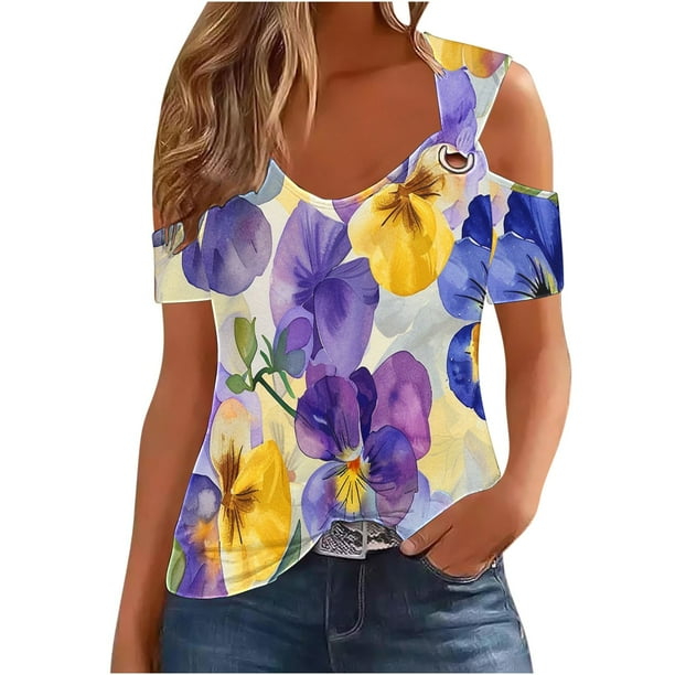 Blusas de Manga Corta para las Mujeres Sexy Frío Hombro Suéter Cuello en V Top Sólido, Blusas para las Mujeres Casual
