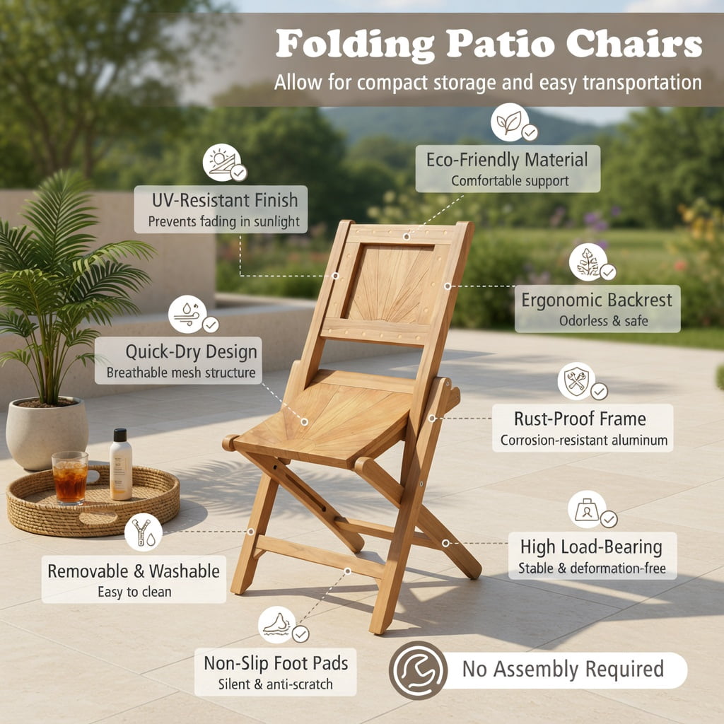 Hommoo 2-Pack Folding Teak Patio Chairs with 105° Inclined Backrest, Wood Outdoor Seating for Porch, Balcony & Garden, Natural