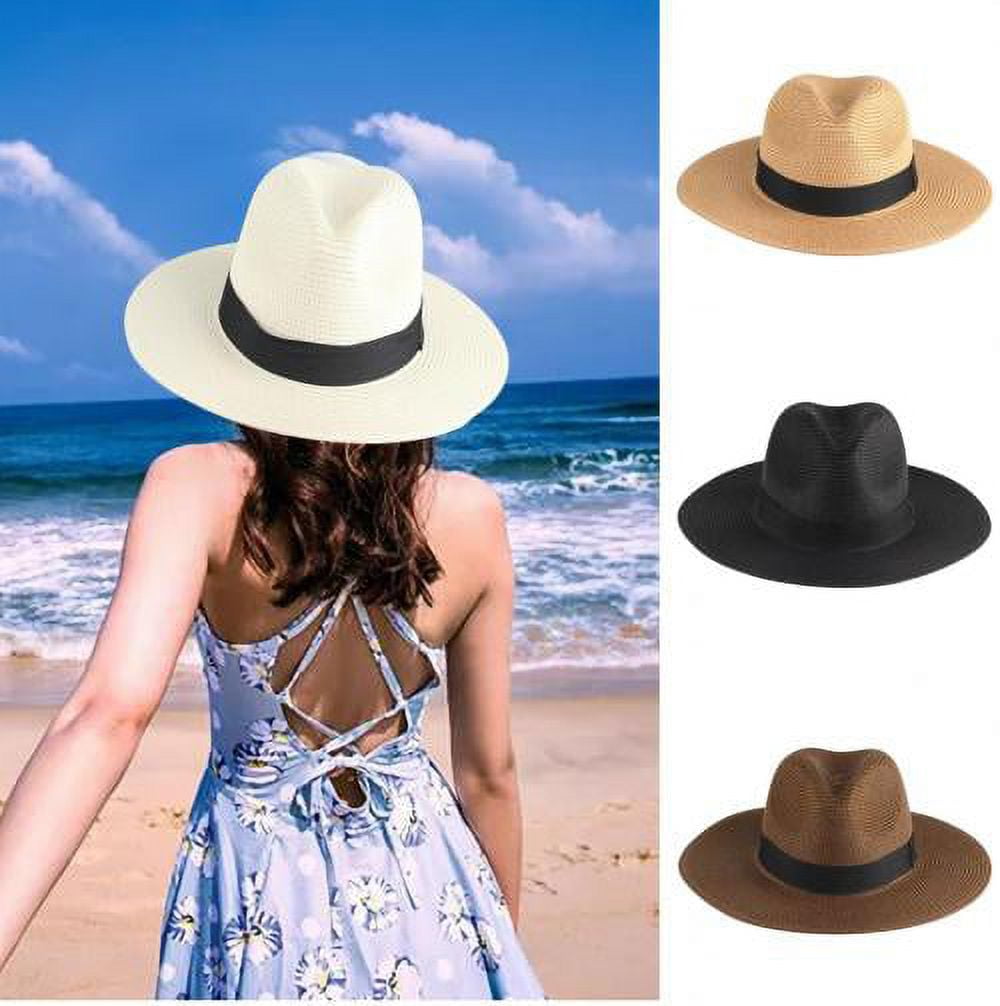 D-GROEE Straw Braid Hats for Women Summer Beach Sun Hat Wide Brim Fedora  Cap UV Protection 