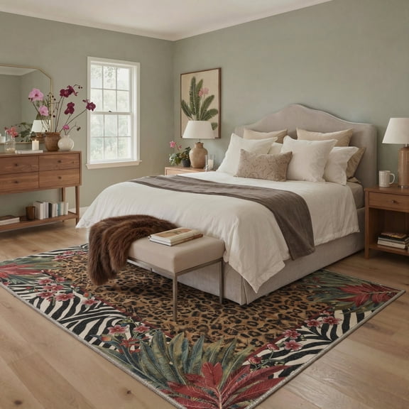 GENIMO 5'x7' Area Rug for Living Room, Machine Washable Non Slip Low Pile Rug for Bedroom Dining Room, Nature Inspired Animal Print, Earthy Brown