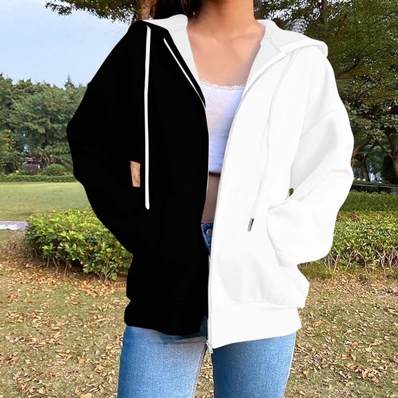 Color Block Casual Hoodies for Women Long Sleeve Full Zip Sweatshirts 2025 Fall Trendy Loose Outerwear Hooded Jackets