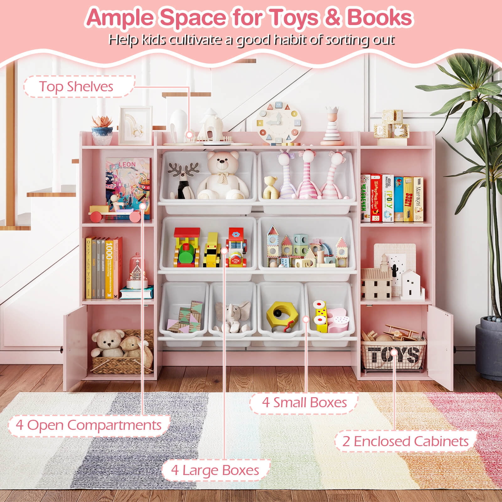 Costway Kids Toy Storage and Bookshelf with 8 Boxes Open Shelves & 2 Single-door Cabinets Pink