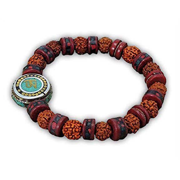 Tibetan Mala Embedded Medicine Wrist Mala for Meditation Handmade Draw String Silk Pouch (Om Charm)